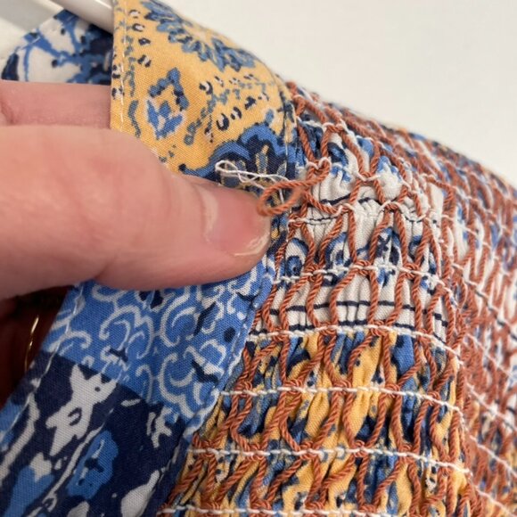 MACKENZIE JAMES Plus Size Blue White Floral Striped Boho Tie Neck Peasant Blouse - Picture 12 of 13